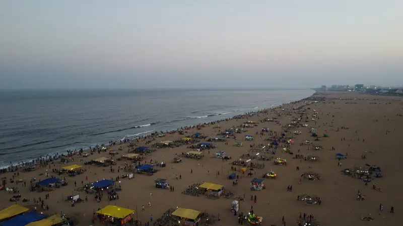 Marina Beach and its food stalls at sunset, from above